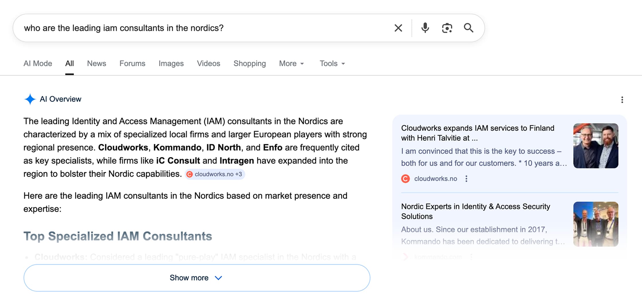 Google AI Mode surfacing IAM consultants in the Nordics